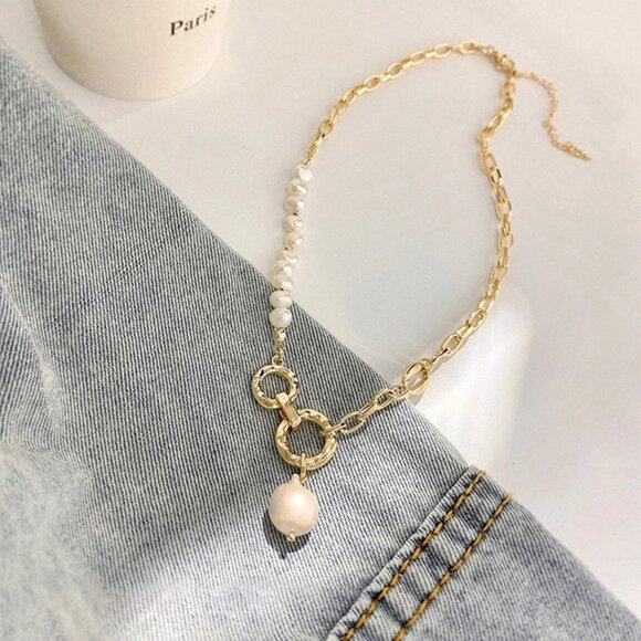 Baroque pearl gold-plated two-tone chain necklace - Picture 1 of 3